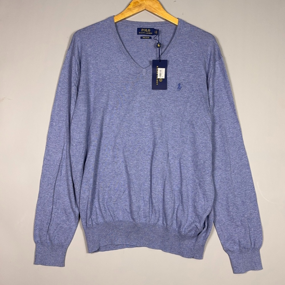 NWT Polo Ralph‎ Lauren V-neck Sweater Mens Size Large Pima Cotton Blue Preppy